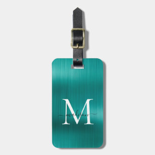 Teal Aqua Grönt Brushed Metall Script Monogram Gla Bagagebricka