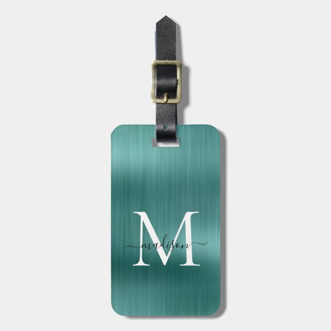 Teal Aqua Grönt Brushed Metall Script Monogram Gla Bagagebricka (Vertikal Framsida)