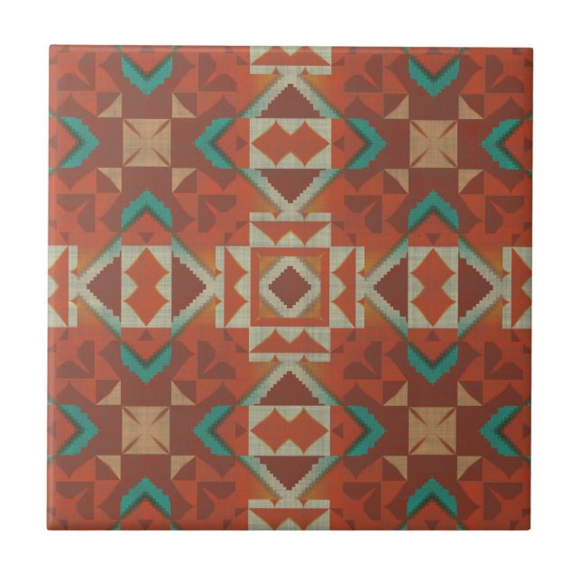 Teal Aqua Grönt Terracotta Orange Ethnic Tribe Art Kakelplatta (Framsidan)