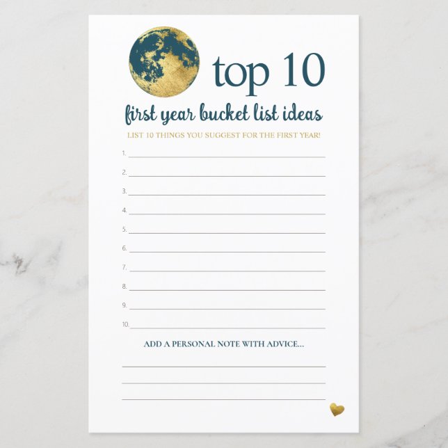 Teal Aqua Guld Bucket List Advice Baby Shower Game (Framsida)