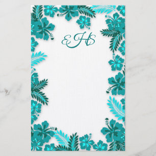 Teal Aqua Hibiscus Gräns Monogrammed Blank Papper