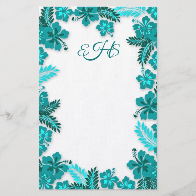 Teal Aqua Hibiscus Gräns Monogrammed Blank Papper (Framsida)