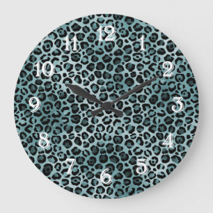 Teal Aqua Leopard Skriv ut Stor Klocka