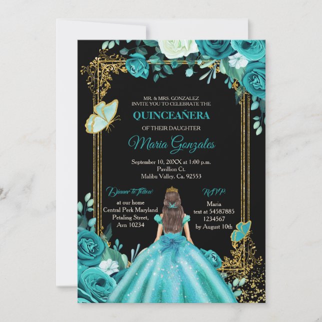 Teal Aqua Mexican Quinceanera Butterfly-inbjudan Inbjudningar (Framsida)