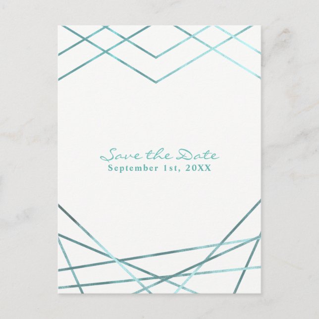 Teal Aqua Modern Geometric Party Spara datumet Meddelande Vykort (Framsida)