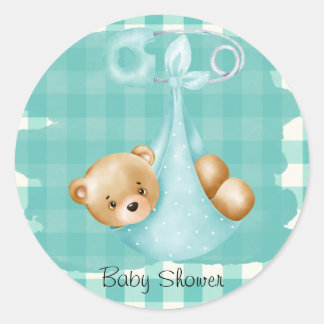 Teal Aqua Nalle Diaper Gingham Baby Shower Runt Klistermärke