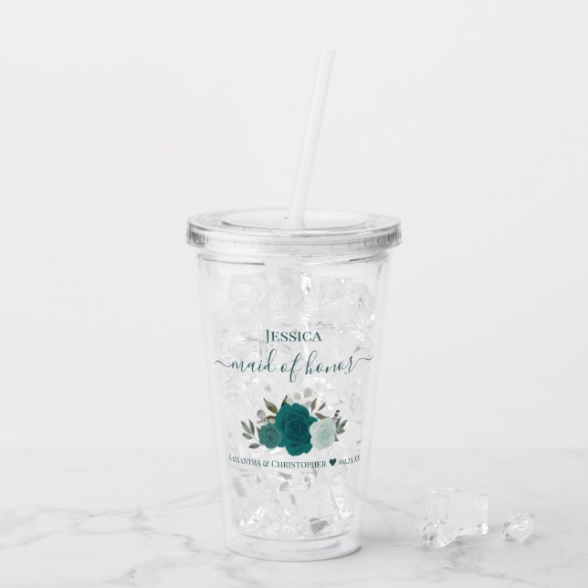 Teal & Aqua Rosor Elegant Brudtärna Bröllop Take Away Mugg (Baksida Ice)
