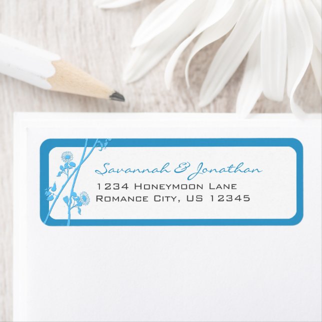 Teal Aqua Sea Blue Wildblomma Gren Returadress Etikett (Insitu)