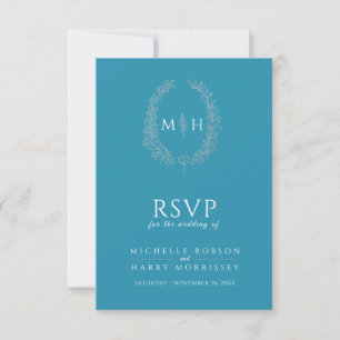 Teal aqua silver dragen löv monogram OSA bröllop Kort