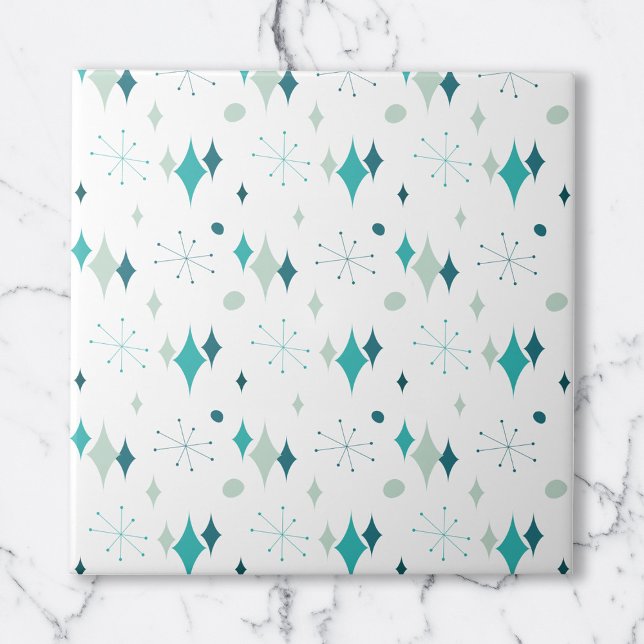 Teal, Aqua Starburst Mid Century Modern Mönster Kakelplatta (Teal, Aqua Starburst Mid Century Modern Pattern Ceramic Tile)