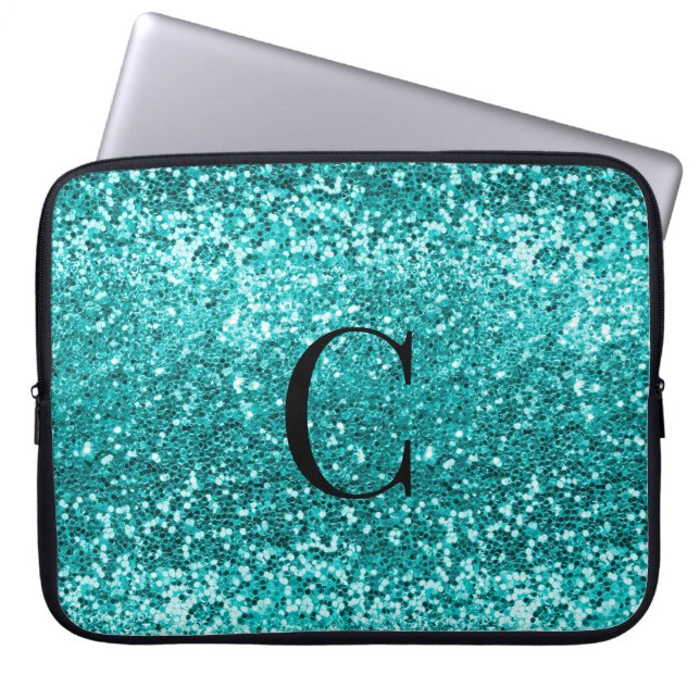 Teal Aqua Turcos Gnistra Glitter Monogram Laptop Fodral (Framsidan)