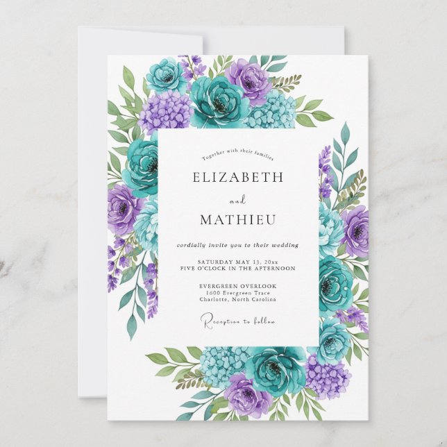 Teal Aqua Vibrant Botanical Wedding Inbjudningar (Framsida)