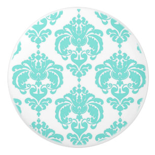 Teal Aqua Vit Damask Elegant Skläddressör Knopp