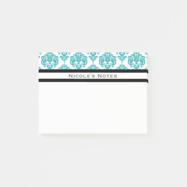 Teal Aqua White Damask Pattern Modern Personlig Post-it Block (Framsida)