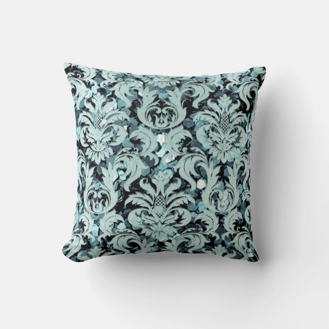 Teal Aquatic Damask Blue Lux Sequin Kudde (Framsida)