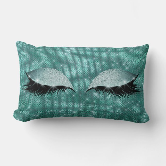 Teal Aquatic Glam Sparkly Öga Black Glitter Makeup Lumbarkudde (Framsida)