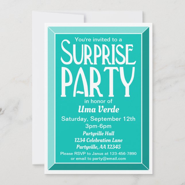 Teal Art Deco Photo Birthday Surprise Party Inbjudningar (Framsida)