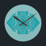 Teal Art Deco Quilt Inspired  Rund Klocka<br><div class="desc">Den här klockan har en konsdeco quilt-inspirerad design av diamantformer och en rektangel,  både i rial och silver,  på en fält av lättare teal.</div>