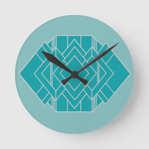 Teal Art Deco Quilt Inspired Rund Klocka