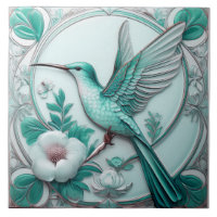 Teal Art nouveau blommigt, lättnad av hummingbird 
