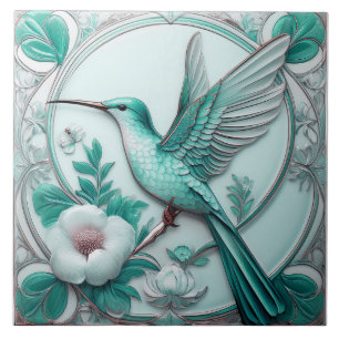 Teal Art nouveau blommigt, lättnad av hummingbird  Kakelplatta