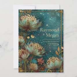 Teal Astrantia Glow Emerald Celestial Bröllop Inbjudningar