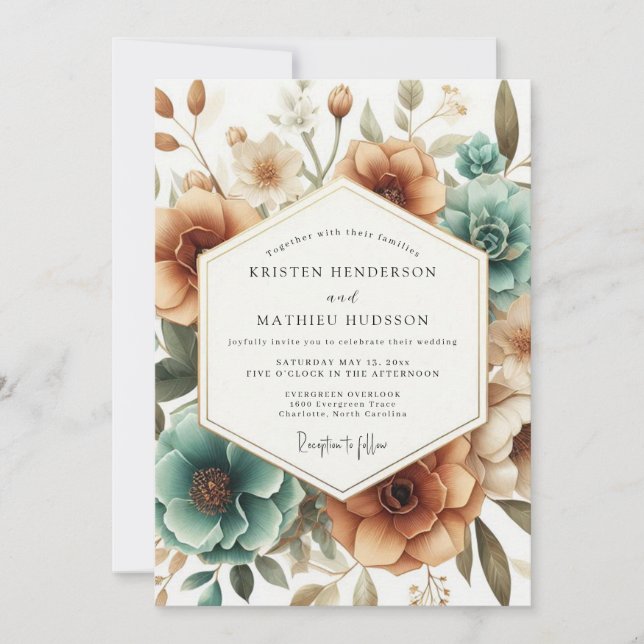 Teal Autumn Bloom Wedding Inbjudningar (Framsida)