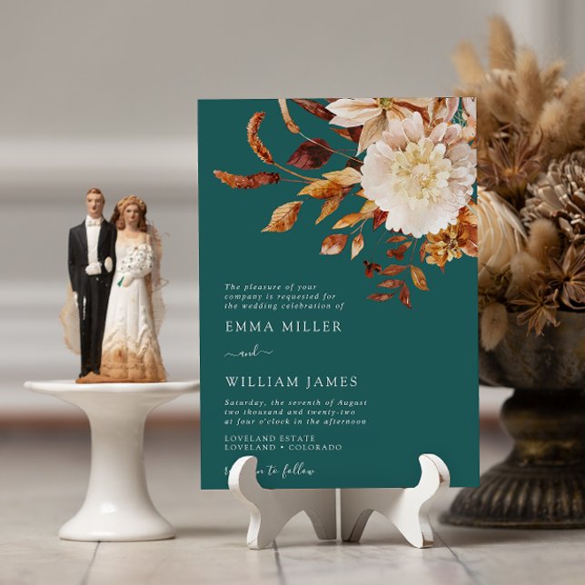 Teal Autumn Modern Watercolor Terracotta Bröllop Inbjudningar (Teal Autumn Modern Watercolor Terracotta Wedding Invitation by Painted Paperie
)