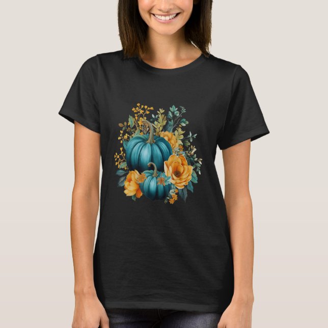Teal Autumn Pumpkin Blommigt Fall Harvest Foliage T Shirt (Framsida)