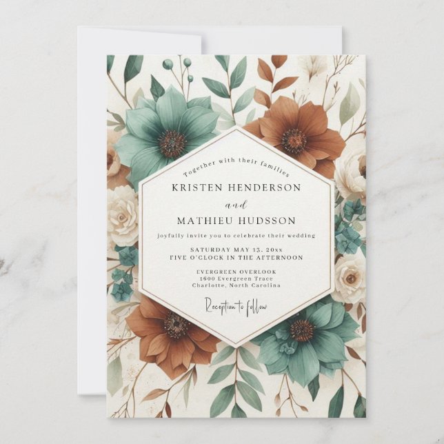Teal Autumnal Botanical Bloom Wedding Inbjudningar (Framsida)