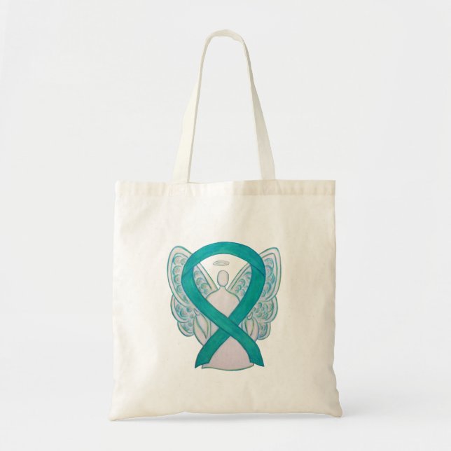 Teal Awareness Ribbon Anpassningsbar Tote Bag Tygkasse (Framsidan)