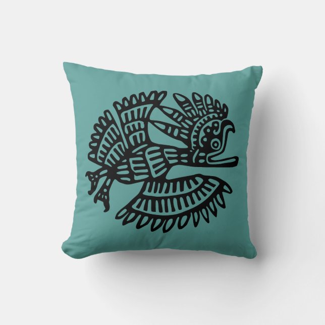 Teal Aztec Pillow with Bird Motif Kudde (Framsida)
