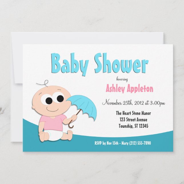 Teal Baby Paraplla - Shower-inbjudningar Inbjudningar (Framsida)
