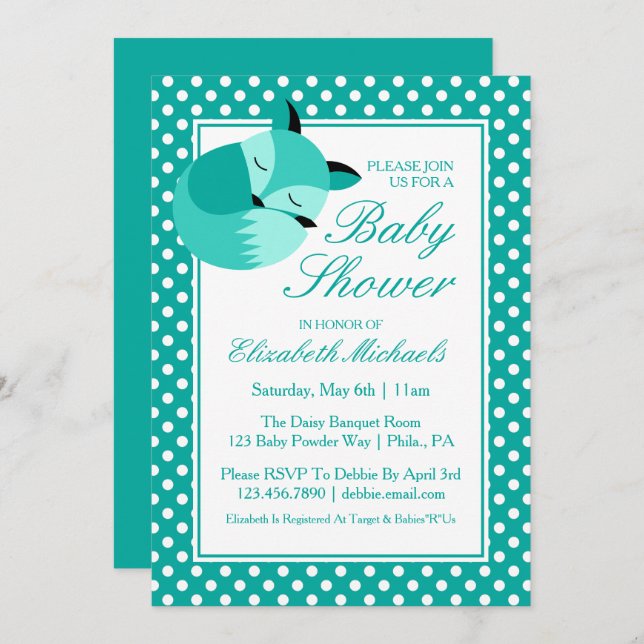 Teal Baby Shower Fox Inbjudningar (Fram/baksida)