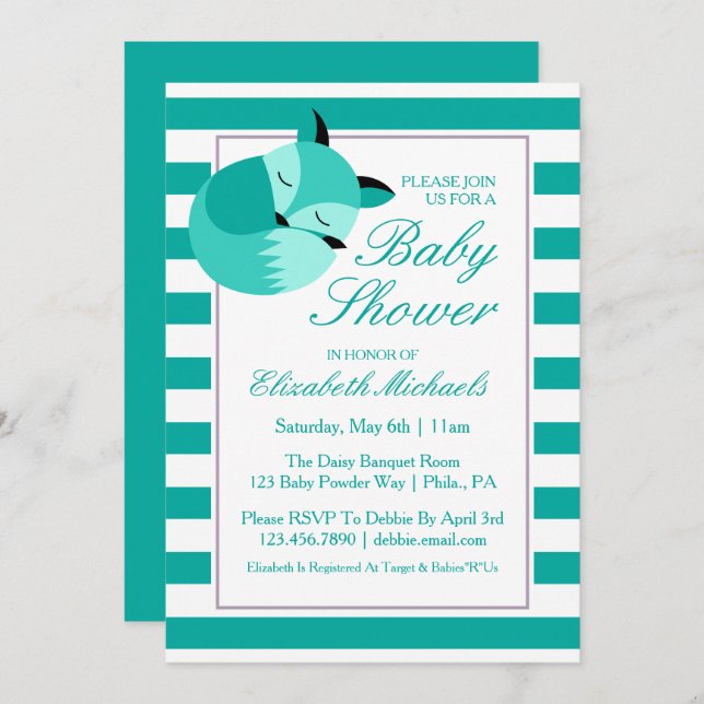 Teal Baby Shower Fox Inbjudningar (Fram/baksida)