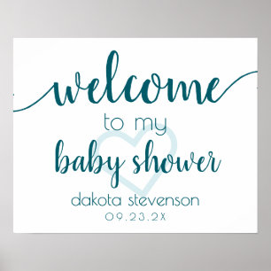 Teal Baby Shower   Välkomsthälsa för Aqua Blue-Grö Poster