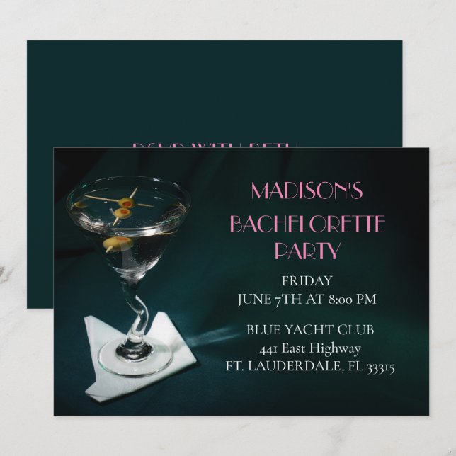 Teal Bachelorette Martini Brudens sida Inbjudningar (Fram/baksida)