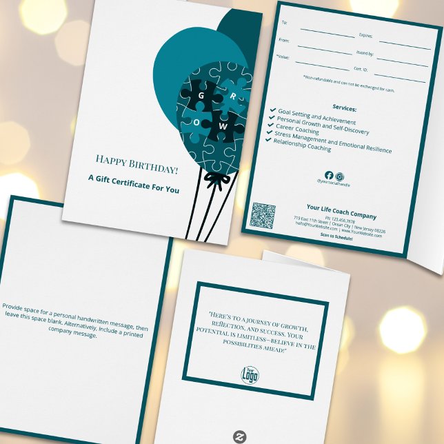 Teal Balloon SMB Grattis på födelsedagen Gift Cert Hälsningskort (Teal Balloon SMB Happy Birthday Gift Certificate, To, From, Value, Expiry, By, Tracking ID, Terms)