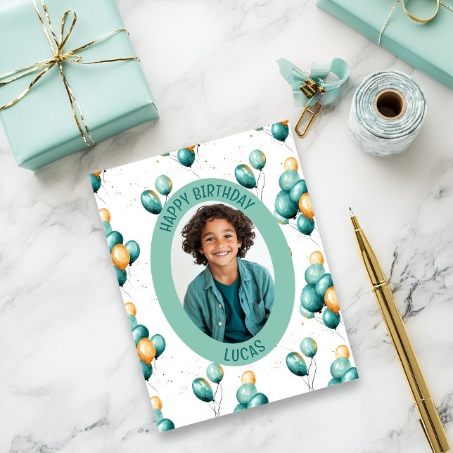 Teal Balloons Mönster Photo Kort (Teal faux gold balloons birthday card)