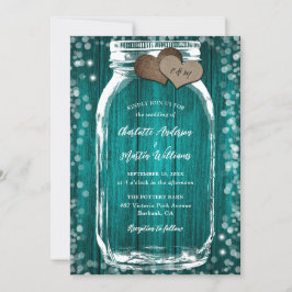 Teal Barn Wood Hearts Mason Burk bröllopsinbjudan Inbjudningar