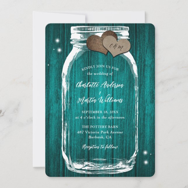 Teal Barn Wood Mason Burk bröllopsinbjudan Inbjudningar (Framsida)