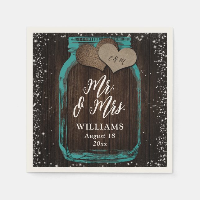 Teal Barn Wood Mason Burk Rustic Mr & Mrs Bröllop Pappersservett (Framsidan)