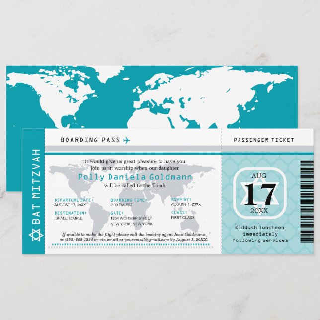 Teal Bat mitzvah World Traveler Boarding Pass Inbjudningar (Fram/baksida)