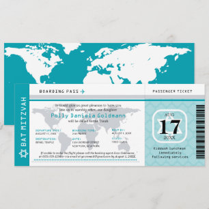 Teal Bat mitzvah World Traveler Boarding Pass Inbjudningar