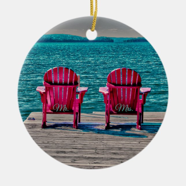 Teal Beach Adirondack Ordförande Rustic Bröllop Julgransprydnad Keramik (Framsidan)