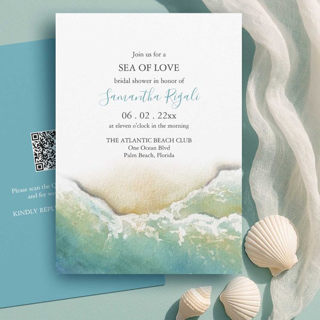 Teal Beach Inbjudningskort för möhippa | Seashore (teac beach bridal shower invitations watercolor shoreline by small business owner do tell a belle)