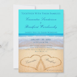 Teal Beach Wed2 Hearts Sand bröllop Inbjudningar