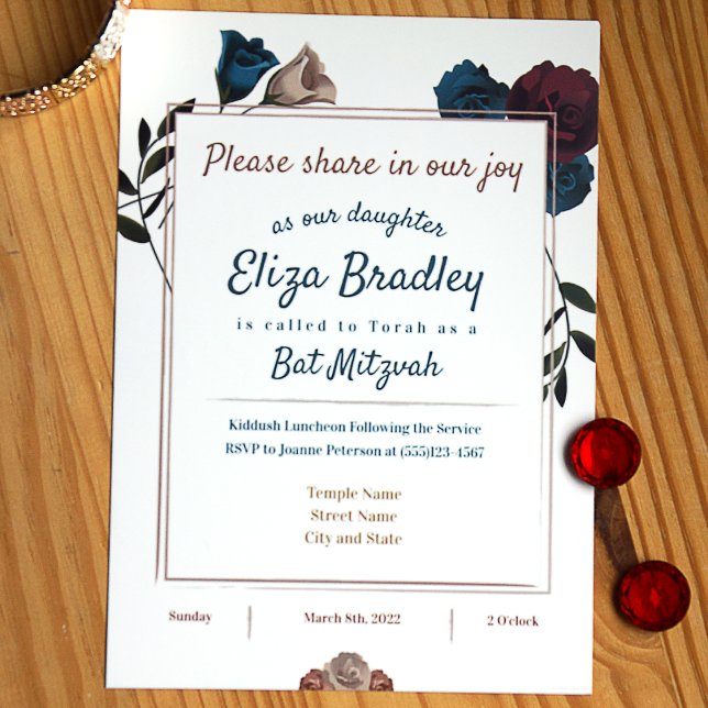Teal, Beige, Burgundy Bat mitzvah inbjudningar (Teal, beige, burgundy roses traditional floral design bat mitzvah invitation)