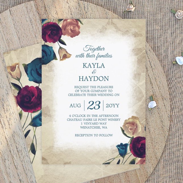 Teal, Beige Burgundy Ro Garden Wedding Inbjudningar (vintage rose garden wedding invitation, teal burgundy beige roses botanical wedding invitation)