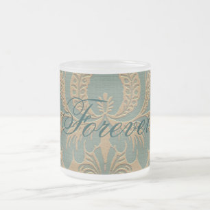 Teal Beige Damask Frostad Glasmugg